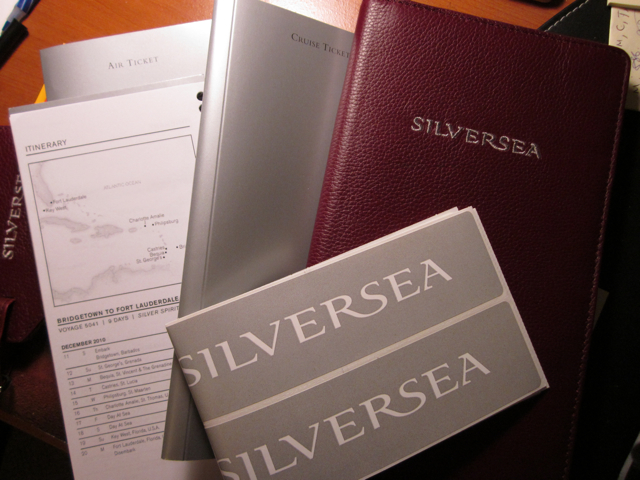 One of the most beautiful document packages I've ever recieved, from ultra-luxury line Silversea. Included were a proper shore excursion brochure, a leather zippered pouch containing silver folders for air and cruise arrangements, and branded luggage tags. Oh, did we mention the entire thing comes in a beautiful, silver box? Amazing! Photo © 2012 Aaron Saunders