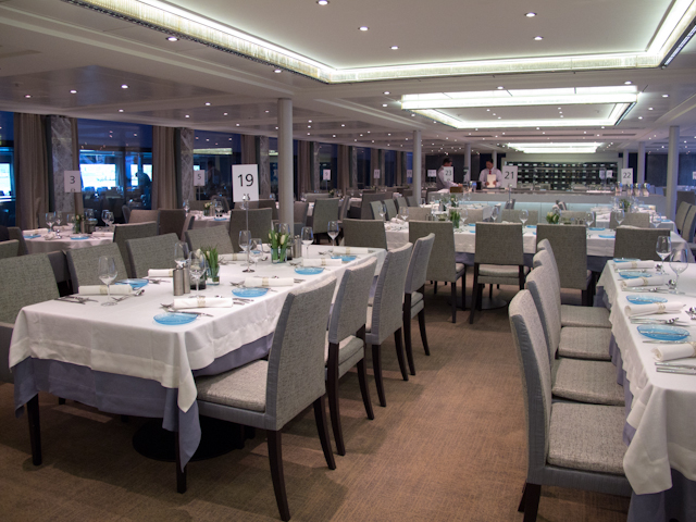 The Restaurant aboard Viking Odin is done in the same crisp, clean, Scandinavian style that characterizes the rest of the ship. Photo © 2012 Aaron Saunders