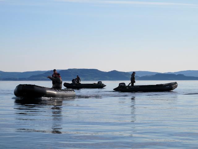 The zodiacs are lowered and prepped for our 7:30AM departure from the Silver Explorer to the uninhabited island of Staffa. Photo © 2012 Aaron Saunders