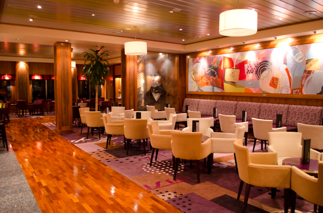 Sir Samuel's on Deck 3. Named after Cunard founder Samuel Cunard, this is a coffee bar by day and a wine bar by night. Photo © 2012 Aaron Saunders