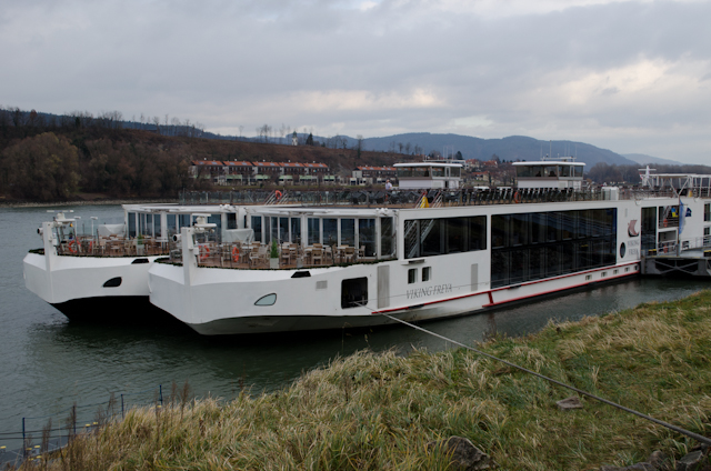 Viking Embla (left) and Viking Freya (right), docked in Melk, Austria! Note the black hull on Viking Embla versus the white bow hull on Viking Freya. Photo © 2012 Aaron Saunders