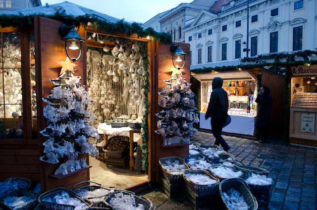 The cozy Altweiner Christkindlmarkt only takes on a more festive feel as evening falls on Vienna. Photo © 2012 Aaron Saunders