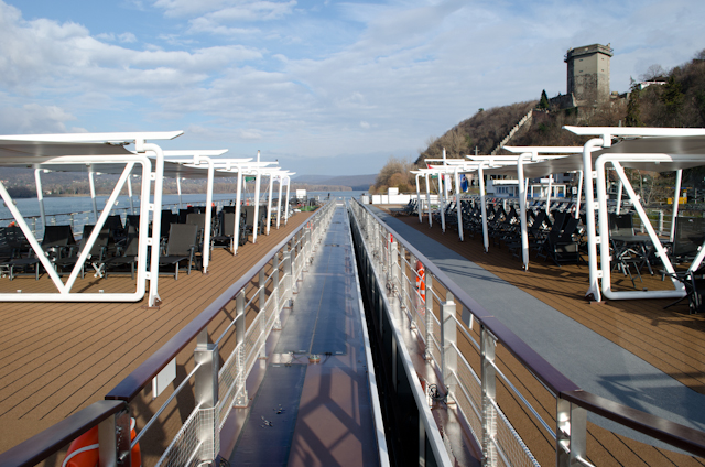 Compare As We Dare: note the solar panels on the sun deck of the Viking Freya (left) and their disappearance aboard Viking Embla (right.) Don't worry - they've just been relocated aft next to the ship's funnel! Photo © 2012 Aaron Saunders