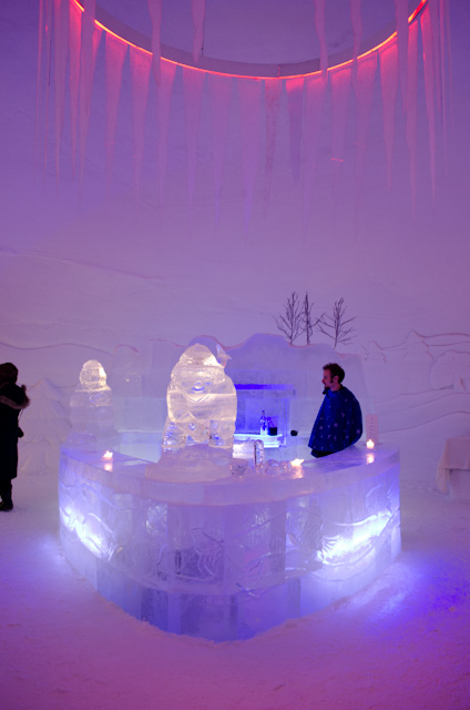 Inside the Kirkenes Snow Hotel, the central bar area is flanked by two guest room corridors. Photo © 2013 Aaron Saunders