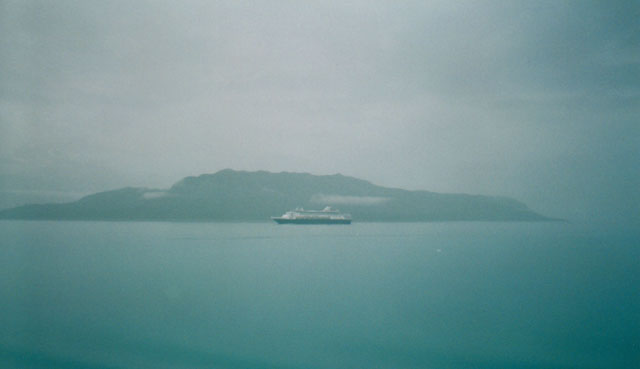 Alaska, 1998: Holland America Line's Maasdam, as seen from the deck of Norwegian Cruise Line's Norwegian Wind. Photo © Aaron Saunders