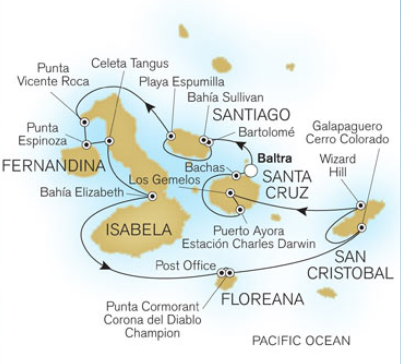 Silver Galapagos sails both Western (pictured) and Northern Itineraries. Did you know that, due to Galapagos regulations, ships cannot call on the same port twice in 14 days, hence the two itineraries? Illustration courtesy of Silversea.
