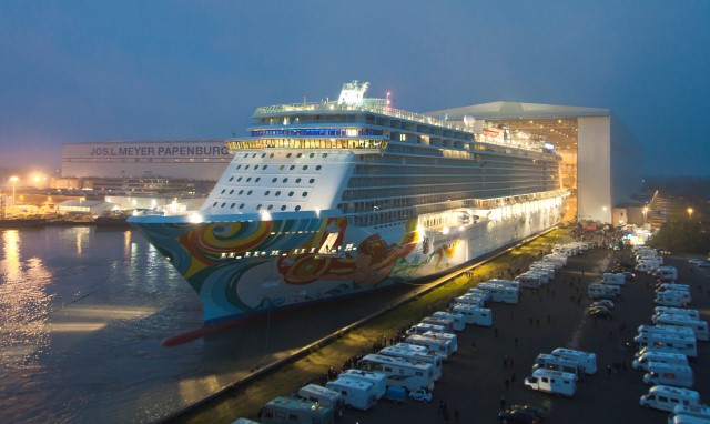 Norwegian Getaway experiences her first night outside of the building dock at the Meyer Werft shipyard in Papenburg, Germany. Photo courtesy of Meyer Werft