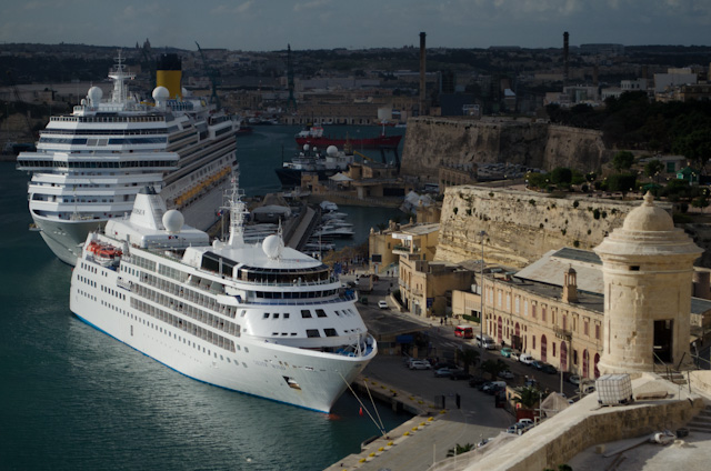 Silversea's Silver Wind comes in ahead of Costa Favolosa in Valletta, Malta this November. Photo © 2013 Aaron Saunders