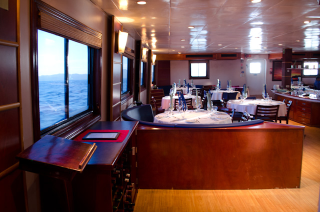 On Main Deck, the Safari Voyager's Dining Room serves up three meals per day in an open-seating arrangement. Photo © 2014 Aaron Saunders