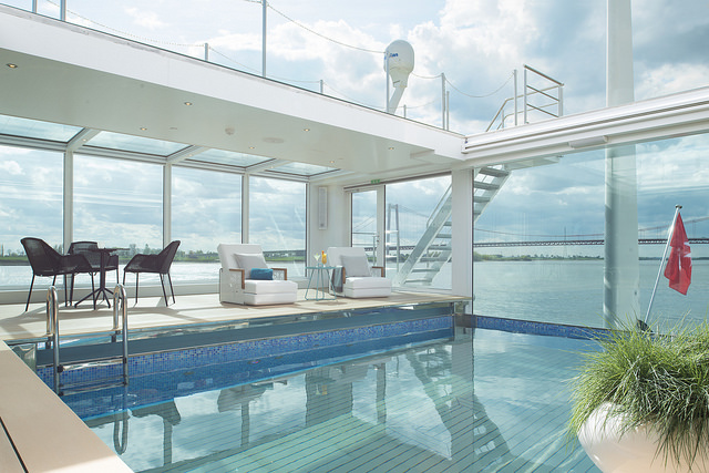 Emerald Sky and her sister, Emerald Star, feature a swimming pool that converts into a cinema each evening. Photo courtesy of Emerald Waterways