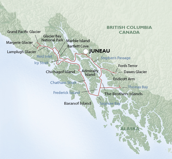 Our itinerary on Un-Cruise Adventures' Discoverer's Glacier Country will take us through an Alaska hidden to larger ships. Illustration courtesy of Un-Cruise Adventures