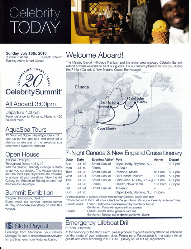 Daily program onboard Celebrity Summit's July 2010 Canada & New England voyage. Photo © 2014 Aaron Saunders