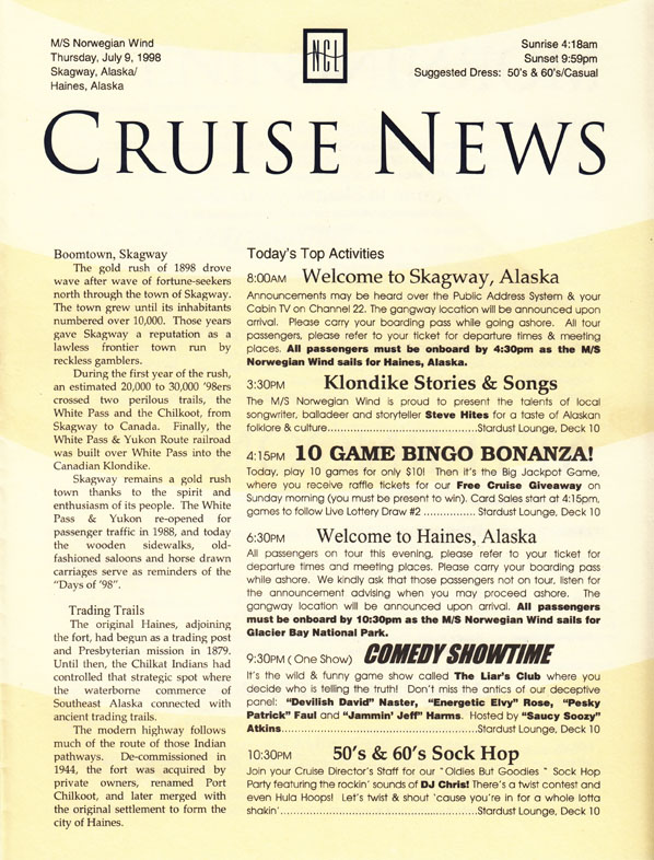 NCL "Cruise News" daily program from onboard Norwegian Wind; July, 1998. Photo © 2014 Aaron Saunders