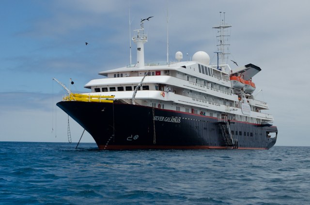Silversea's Silver Galapagos is seen here at anchor off San Cristobal Island, Galapagos, Ecuador. Photo © 2014 Aaron Saunders