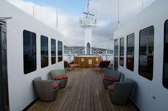 Deck 6 features The Spa at Silversea on the left, a hot tub directly ahead, and a Fitness Center on the right. Photo © 2014 Aaron Saunders