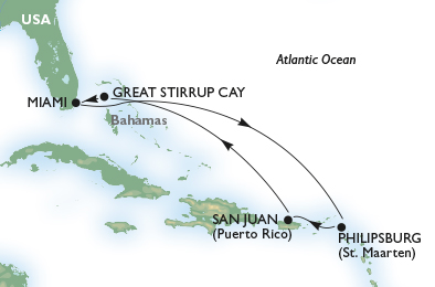 Our Eastern Caribbean itinerary aboard MSC Divina includes a great mix of ports and relaxing days at sea. What better way to start 2015 off than with another Live Voyage Report Preview? On February 7, 2015 we’re headed for the sunny shores of Miami, Florida, where we will embark MSC Cruises’ MSC Divina for a week of cruising Italian-style around the Eastern Caribbean. The full itinerary, both here and onboard: {ITINERARY} This voyage is a big deal for me. I’ve always wanted to sail with MSC; I can remember looking at brochures for the Caribbean years ago when the smaller MSC Lirica was still operating their Florida-based itineraries. MSC Divina is the line’s second-newest ship, and the largest MSC ship to ever be homeported in Miami. MSC Cruises is a division of the Mediterranean Shipping Company, which was founded in 1970. Italian in heritage but based in Geneva, Switzerland, MSC Cruises is one of Europe’s largest cruise operators – and they’ve been around longer than you think. The company was originally founded in 1987 as Lauro Lines, and the name MSC Cruises was officially adopted in 1995. Over the past decade, MSC has grown by leaps and bounds. In 2005, MSC only had two purpose-built newbuilds in service: MSC Lirica and MSC Opera. The remainder of their fleet was rounded out by a beautiful but eclectic collection of older ocean liners, like MSC Melody (the former StarShip Atlantic) and MSC Rhapsody (the former Cunard Princess). If you fast-forward ten years, the change is remarkable: MSC now boasts a fleet of 12 modern cruise ships (with four more on-order) that sail the waters of the Caribbean, Mediterranean, Northern Europe, South America, South Africa, The Emirates & Oman, the Canary Islands & Morocco, along with special Grand Voyages. At 139,072 tons, MSC Divina carries 3,052 guests and a crew of roughly 1400. She is 1,092 feet long and has a beam of 124.6 feet. She’s also, as far as megaships go, quite attractively designed: her bow is long and pointed, with fairings that sweep back attractively to a series of cascading decks that terminate with the navigation bridge, which is distinguished by its oversized wings. Above that, four additional decks are swept back, topped by the ship’s radar mast. Like most other ships in her class, MSC Divina’s stern falls off rather abruptly, but even here, her designers have put a slight curvature on the stern that ends up softening its appearance. Why does this matter, you ask? Because it’s all about attention to details – and few details have gone unnoticed aboard MSC Divina. Designed by De Jorio Design International, MSC Divina’s design is what the company calls “Signature Italian.” De Jorio’s Italian designers have designed seven of MSC’s ships so far, and the look they have crafted is rich and distinctive; at once elegant and inviting and yet unlike anything else at sea. Take, for instance, MSC Divina’s two sweeping atrium staircases – both of which are clad in Swarovski crystals. Each step is inset with approximately $13,500 of the little things. MSC Divina also has an infinity swimming pool, a 10-pin bowling alley, richly decorated public rooms that reflect the line’s interior heritage, and even the MSC Yacht Club: MSC’s exclusive ship-within-a-ship accomodations concept that pairs luxurious suites with dedicated lounges and dining venues. Impressive, yes – but it also sets the tone for the entire MSC experience. The reason I’ve always wanted to sail with MSC is because of their international appeal. Remember: this is a European-based company with Italian heritage and, as such, you’ll meet plenty of fellow guests from around the world. You’ll hear lots of different languages spoken, and see things like Daily Programs available in several sets of languages. To me, this is a huge plus – I don’t necessarily want a North American experience, even in the Caribbean. What is particularly cool about MSC in the Caribbean is that they offer a genuine slice of European and Italian culture in a region that’s not particularly noteworthy for either. You can get true espresso onboard. That’s espresso, not expresso. Being Italian, I hear the company also knows how to do pasta – but remember! This is Italian pasta, not The Olive Garden. There’s a difference. You can even take Italian lessons, indulge in some refreshing limoncello, or just relax by the hugely-attractive pool area with a book and a cocktail and let the world slip by. Our itinerary is a fun one, too. Most ships the size of MSC Divina lack tenders; specially-designed lifeboats that can also be used to shuttle guests to and from shore when the ship is at anchor. MSC Divina has six of these onboard, which means that we can spend our last full day onboard anchored off of the Bahamian paradise that is Great Stirrup Cay. Located in the Berry Islands, Great Stirrup Cay is actually Norwegian Cruise Line’s private island, but MSC worked out a deal to call there. The island has an interesting history, having served as a pirate hideout until the early 1800’s, and as a United States Air Force satellite tracking station. So come along with us as we get our first taste of the Mediterranean way of life in the Caribbean with MSC Cruises! Our Live Voyage Report from onboard MSC Cruises’ MSC Divina will begin Saturday, February 7, 2015 from Miami, Florida! Be sure to follow along on twitter by following @deckchairblog or the hashtag #LiveVoyageReport.