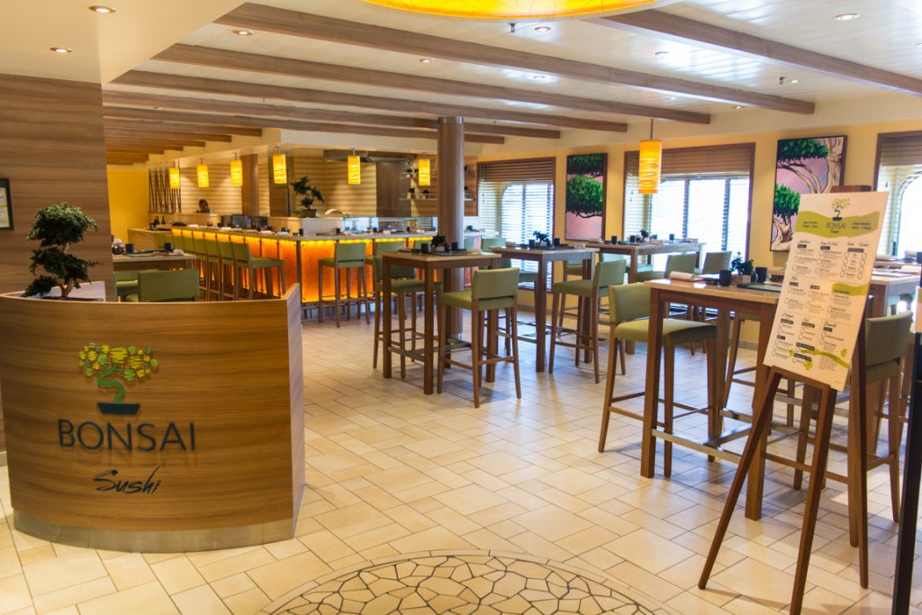 Located on Deck 2 adjacent to the Renaissance Atrium, Bonsai Sushi is a recent addition to Carnival Pride. Photo © 2016 Aaron Saunders