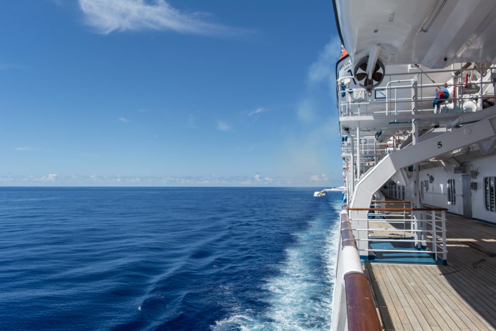Calm seas and blue skies greeted guests aboard Carnival Pride today, along with more scorching-hot temperatures. Photo © 2016 Aaron Saunders