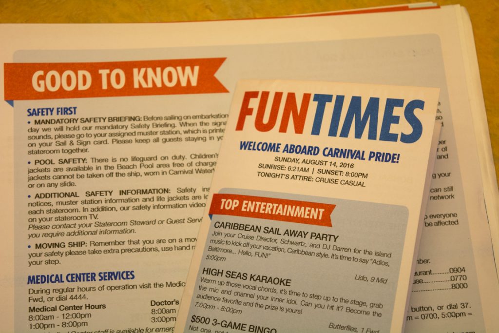 Today's FunTimes daily program. Note the new, slimmer design of the program; great for carrying around in your pocket so you never miss a thing. Photo © 2016 Aaron Saunders