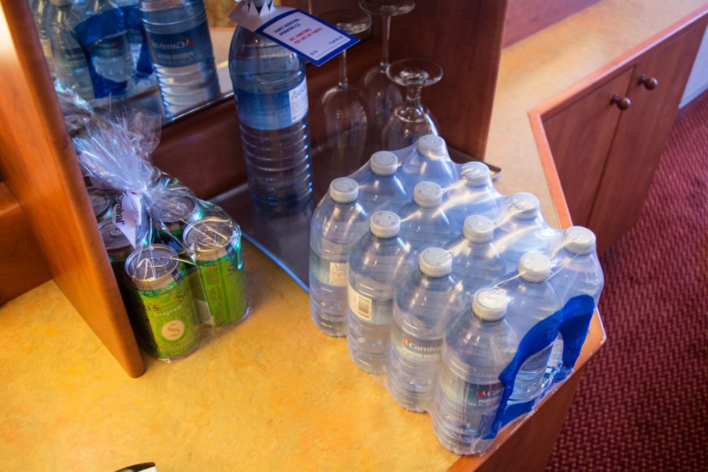 I pre-ordered a flat of water and a six-pack of ginger-ale, and was happy to see it arrived in my stateroom long before I did. Photo © 2016 Aaron Saunders