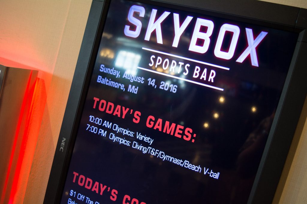 This evening in the SkyBox Sports Bar on Deck 2 forward: coverage of the 2016 Rio Olympic Games. Photo © 2016 Aaron Saunders