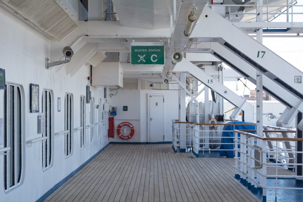 At 4:00 p.m., guests went out onto the Promenade Deck on Deck 3 for the customary muster drill. Photo © 2016 Aaron Saunders