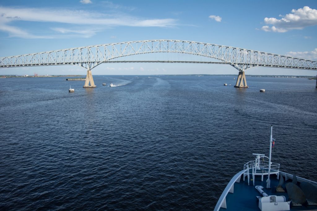Ships leaving Baltimore must first pass under the Francis Scott Key Bridge. Photo © 2016 Aaron Saunders