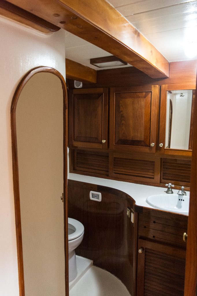 The ship has one marine head and shower, but cabins are equipped with their own wash basins. Photo © 2016 Aaron Saunders